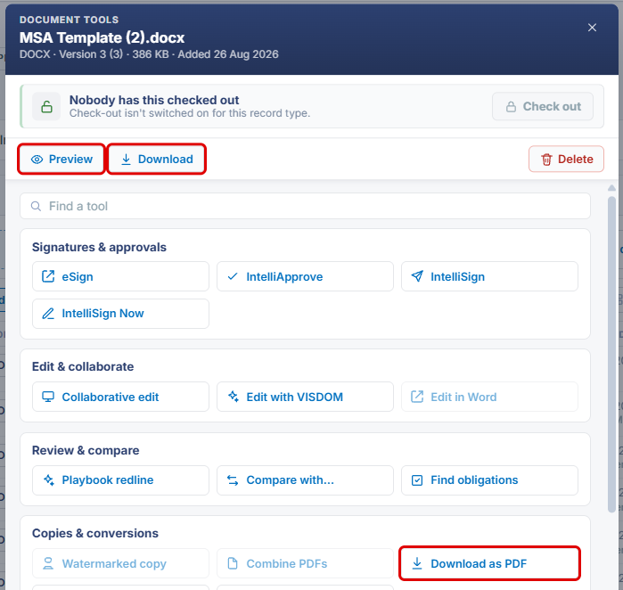 Document Tools window with Preview, Download, and Download as PDF highlighted