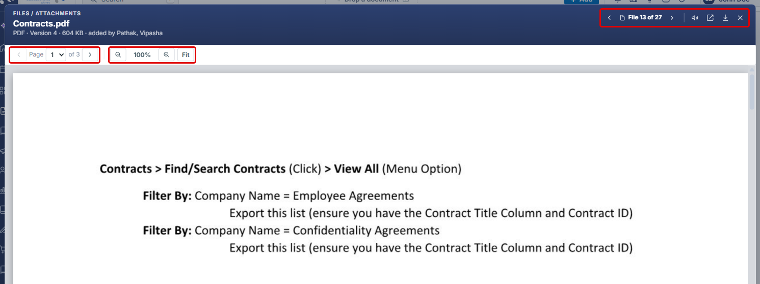 File viewer with page navigation, zoom controls, and file controls highlighted