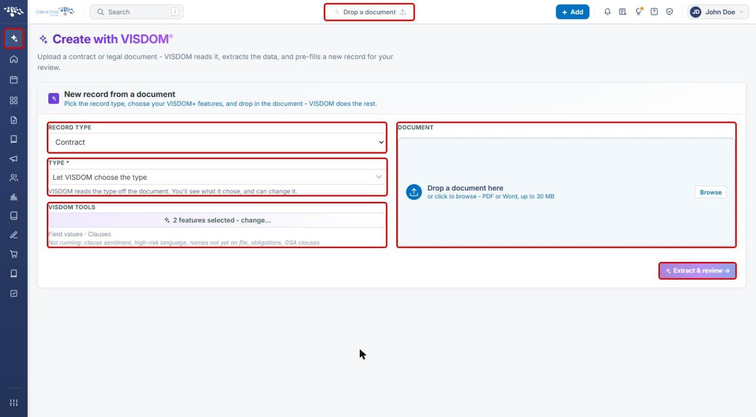 Create with VISDOM page with the navigation icon, Drop a document, Record Type, Type, VISDOM Tools, Document drop zone, and Extract and review highlighted