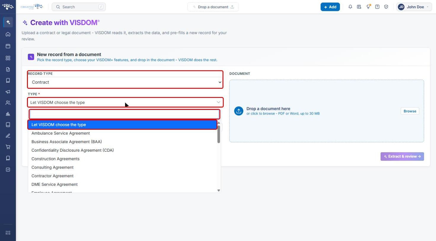 Record Type field and the Type dropdown with search box and Let VISDOM choose the type highlighted