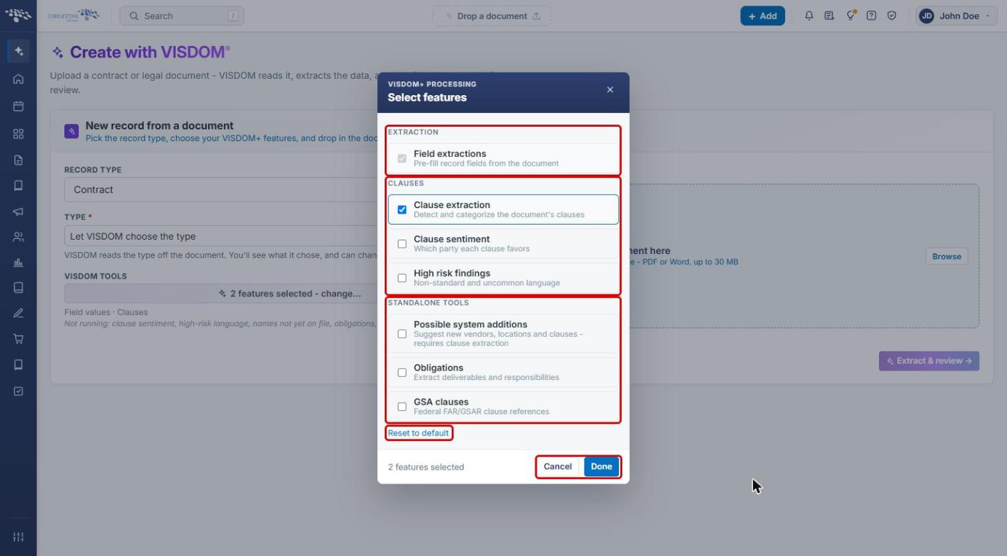 Select features modal with the Extraction, Clauses, and Standalone Tools groups, Reset to default, and Cancel and Done highlighted