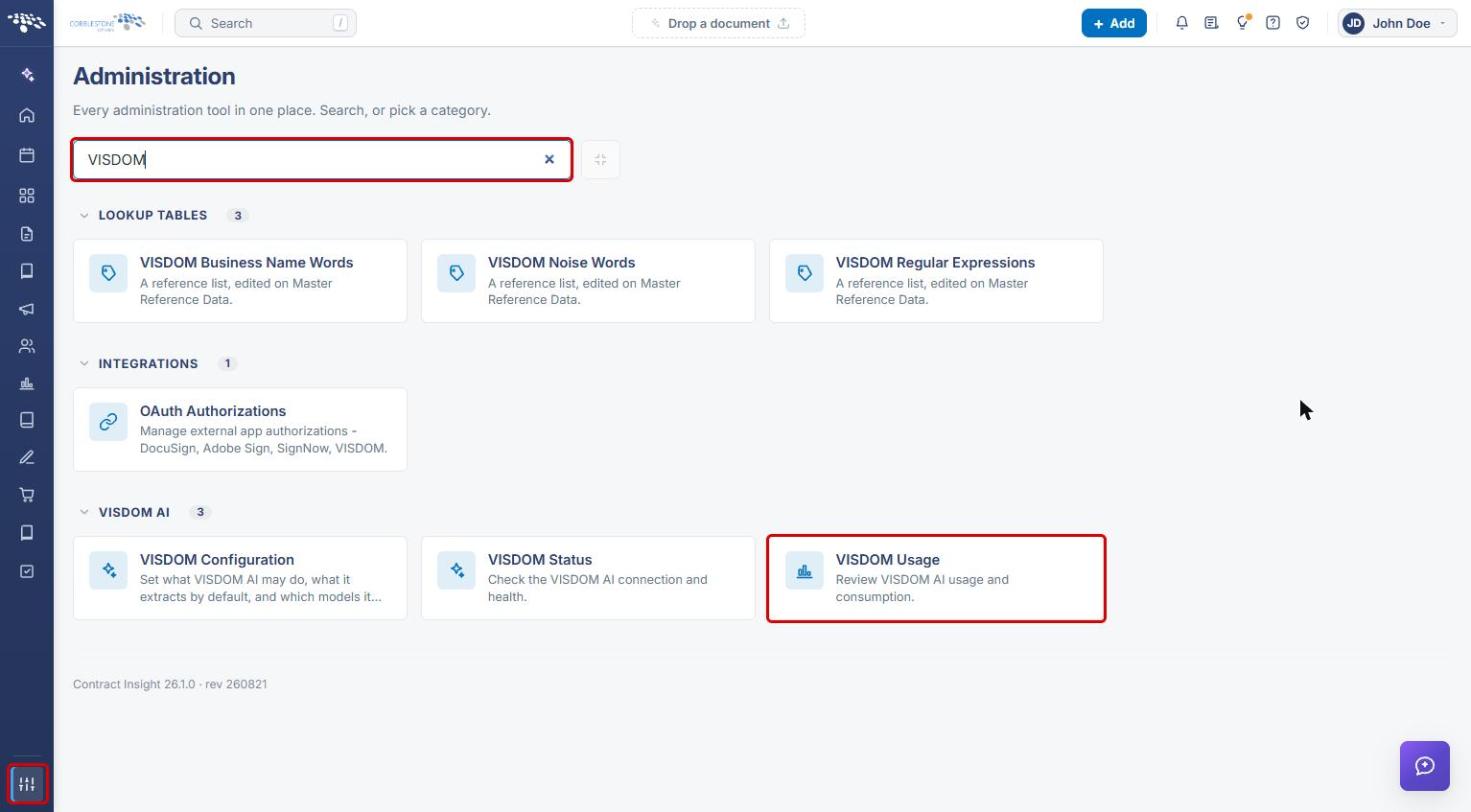 Administration page with the VISDOM search and the VISDOM Usage tile highlighted