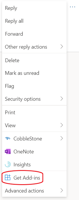 The dropdown menu that is created when the three dots icon from the previous image is clicked. Get Add-ins is circled in red.