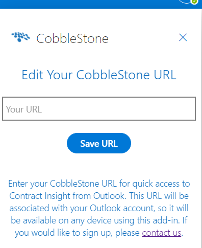 The text box to enter your CobbleStone® URL in Outlook