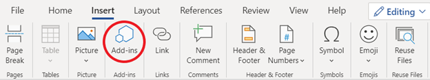 The Add-ins icon on the Insert menu in Word, circled in red