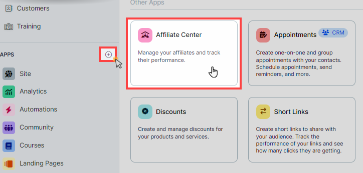 Adding Affiliate Center App