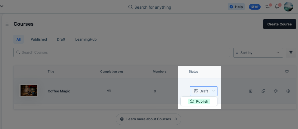 A screenshot of the course page highlighting the publish option under the drop-down menu.