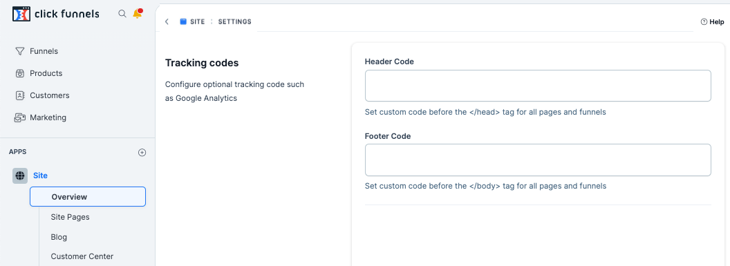 Screenshot of the header and footer tracking input fields.