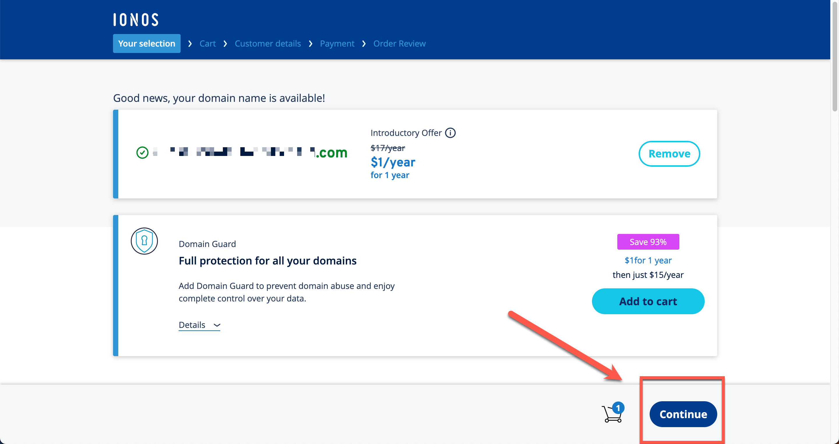 A screenshot of IONOS domain available page and continue button.