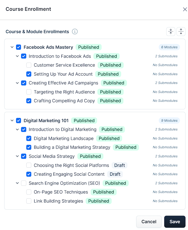 Course Enrollment modal showing a list of courses and modules, with options to select specific courses or modules for enrollment. The modal also displays the number of contacts being enrolled and an option to schedule enrollment for a future date.