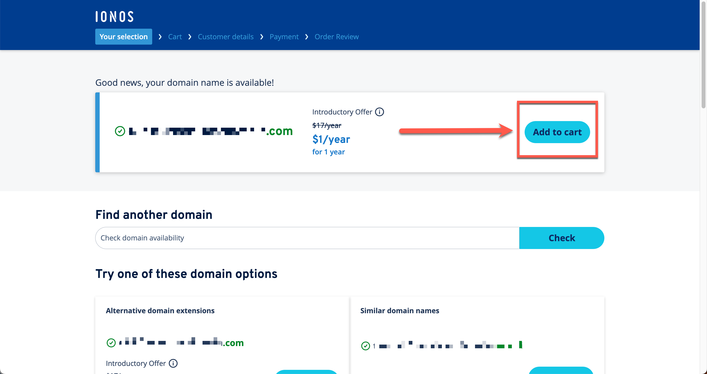 A screenshot of IONOS add to cart page and button.