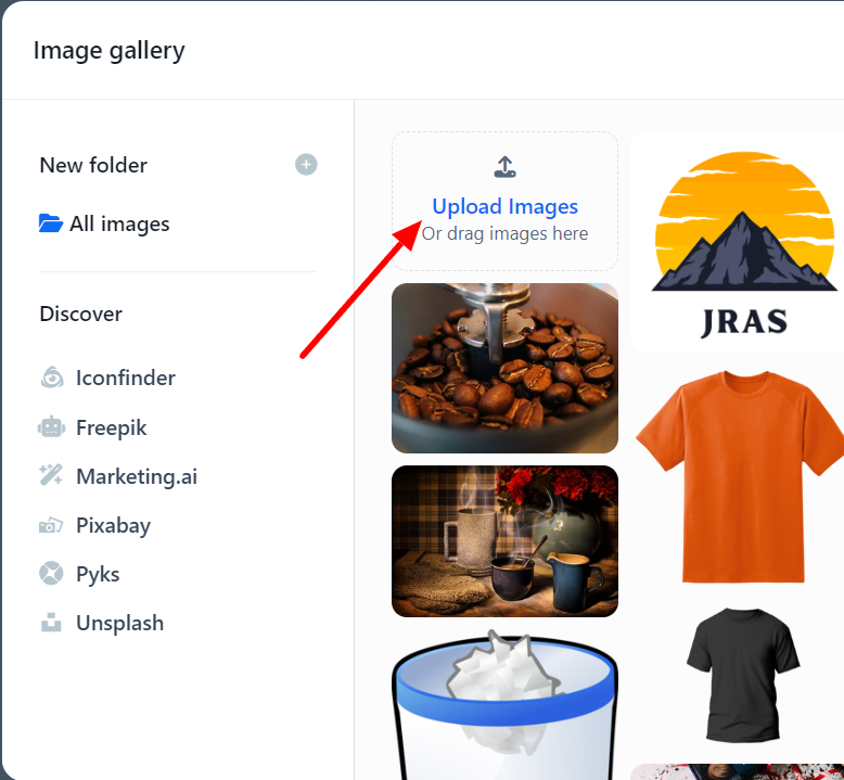 A screenshot of the image gallery highlighting the Upload Images button.