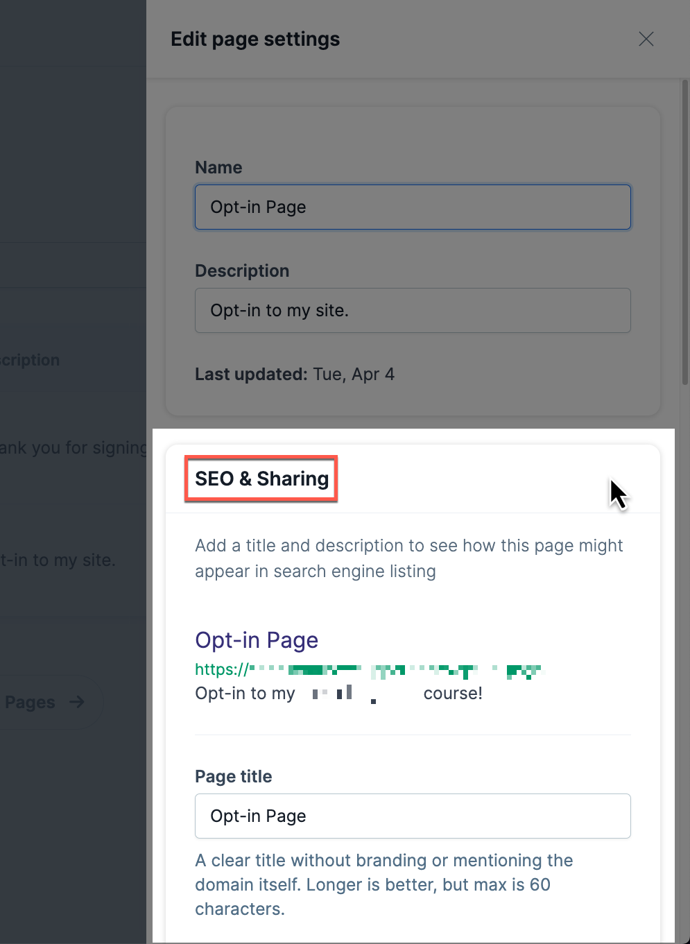 An image showing the SEO and Sharing options