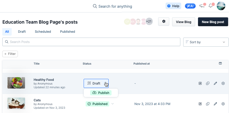 A screenshot showing how how to publish a blog post.