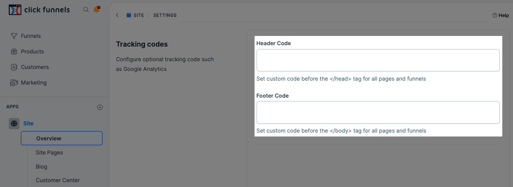 Screenshot of the header and footer tracking input fields.