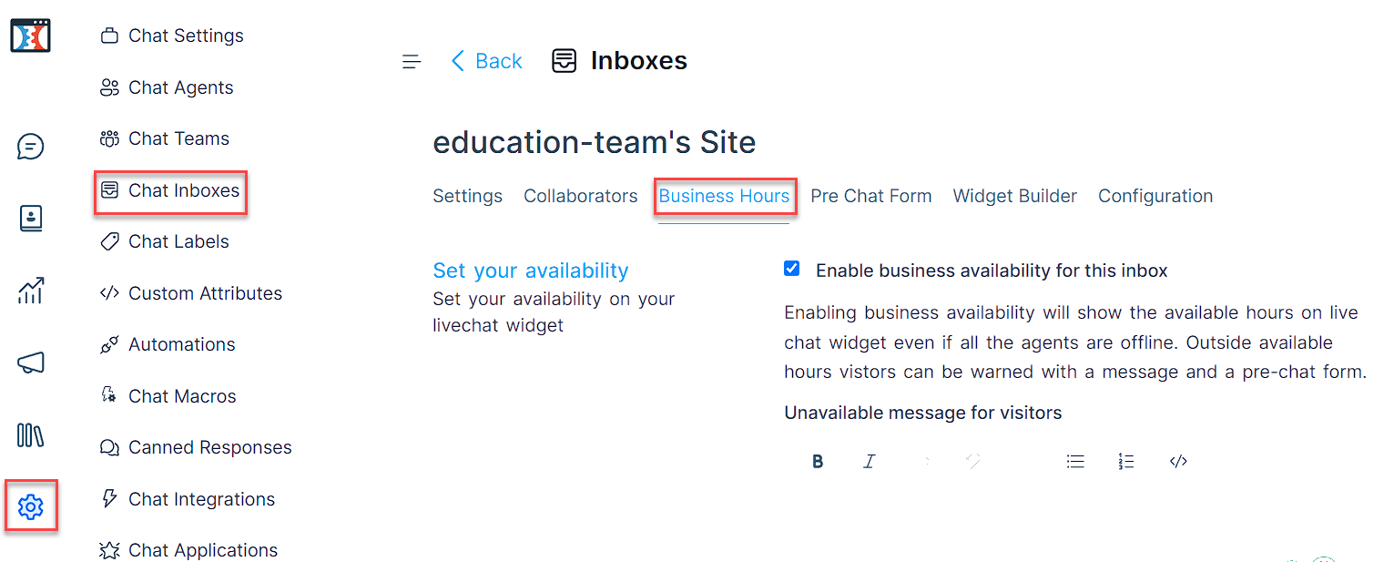 Screenshot of the Inbox Settings page in ClickFunnels. The "Business Hours" option is highlighted, showing fields to set operating hours for each day of the week.