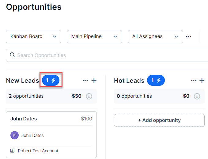 Quick Actions icon in pipeline stages Overview