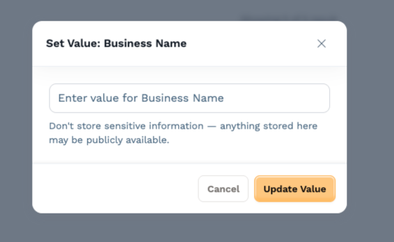 Input field for entering a business name with update and cancel options.