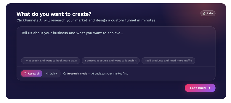 Input fields for business goals and AI funnel creation options in ClickFunnels.