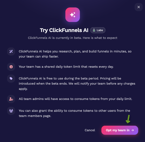 Overview of ClickFunnels AI features and team token management during beta testing.