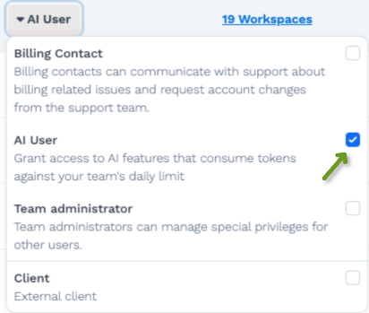 Settings menu showing options for AI User and other roles with checkboxes.