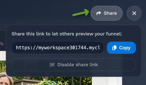 A share link interface with a copy button and options to disable sharing.