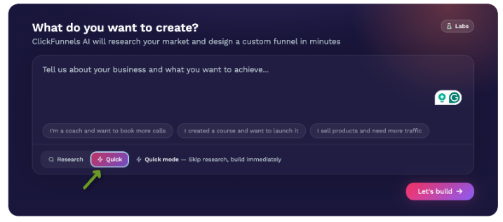 ClickFunnels interface showing options for creating a custom funnel quickly.