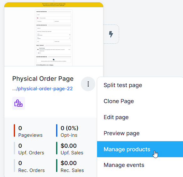 Manage products option in the funnel workflow editor.