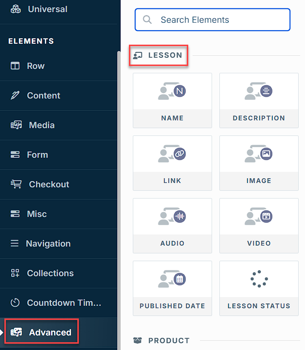 Lesson elements menu