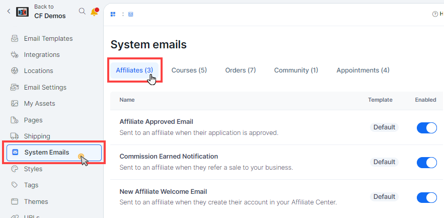 Affiliates Tab in System Emails