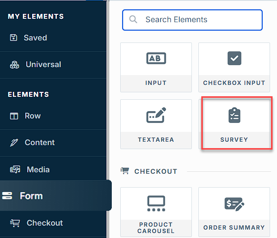 Image displaying the elements panel with the Survey element highlightes.