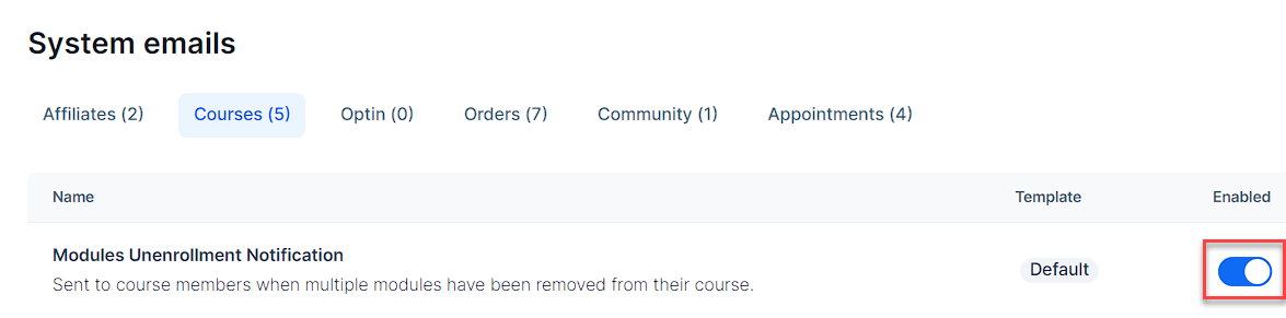 Image showing how to enable or disable courses system emails.