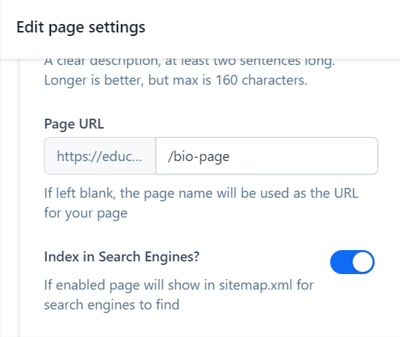 A screenshot showing the index in search engine toggle on.