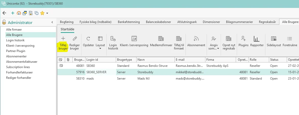 User management interface displaying user details and options for adding users.
