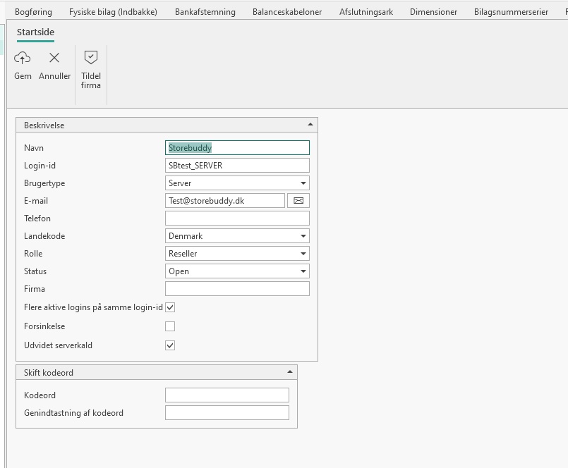 User interface displaying Storebuddy settings including login and email information.