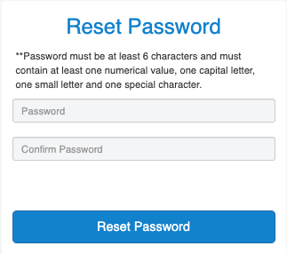 Two text boxed to enter password and confirm password with a Reset Password button.