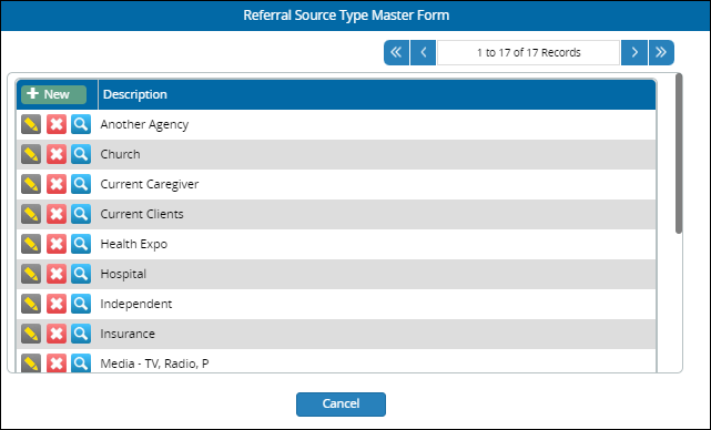 The referral sources type list.
