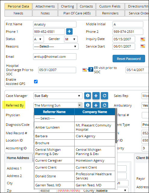 Screenshot of Client Personal Data page that highlights the referred by menu.