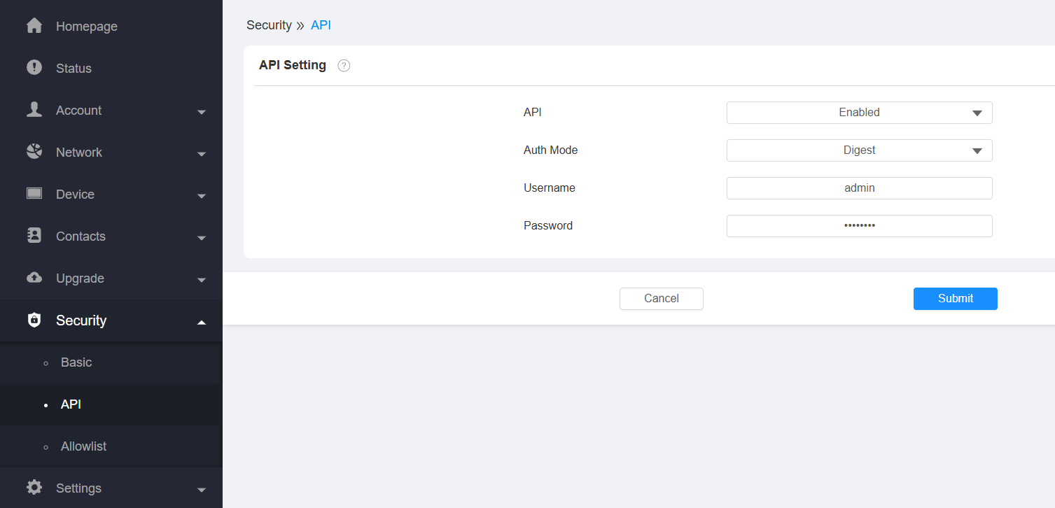API configuration UI
