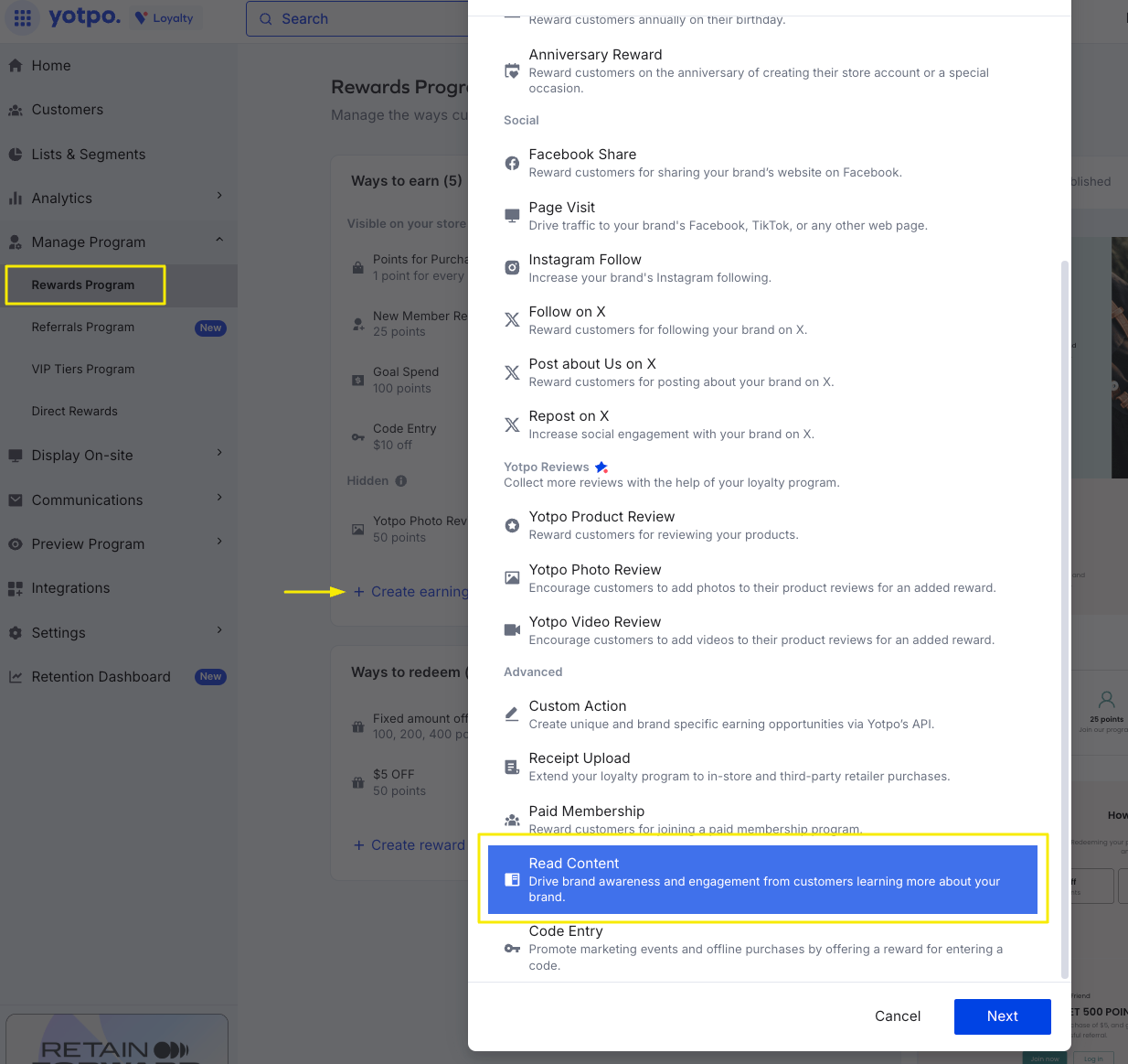 creating a read content earning rule