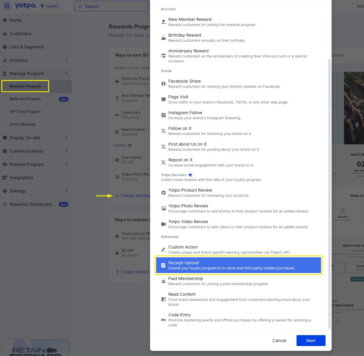 Receipt Upload earning rule navigation