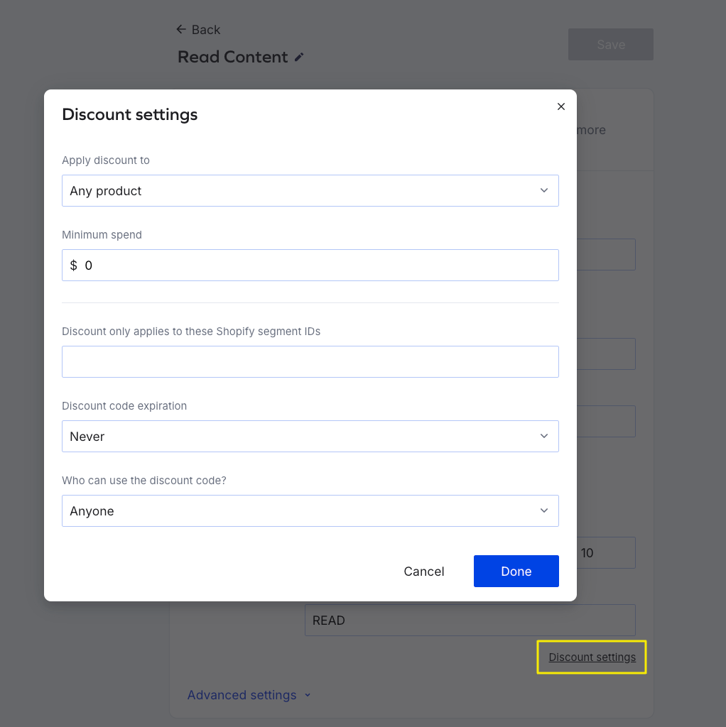 Read content earning rule, discount settings