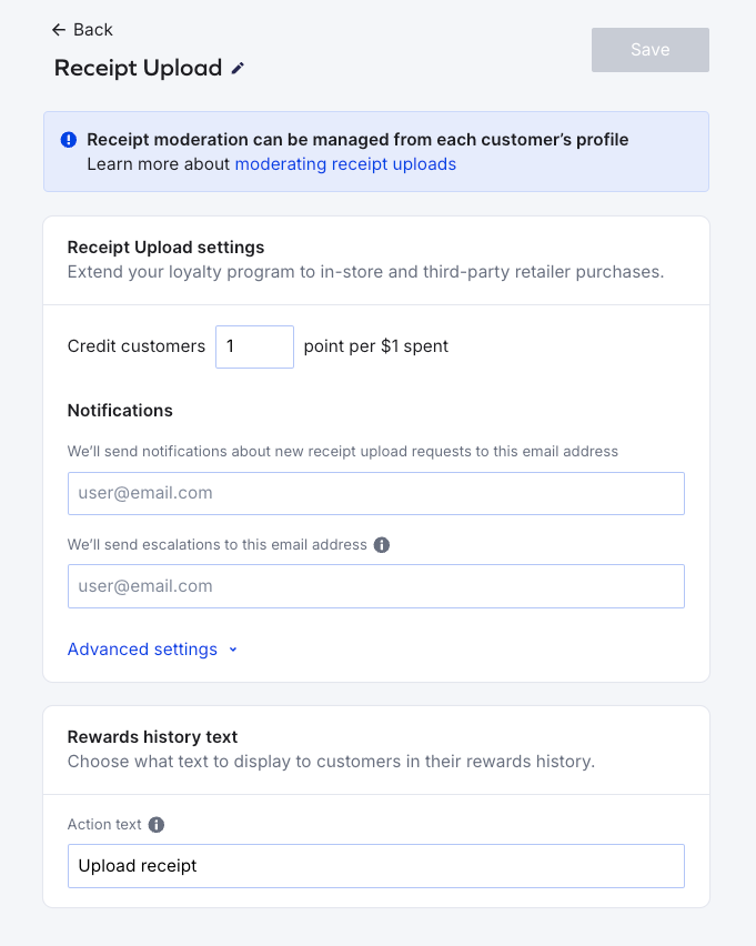 Receipt upload configuration settings