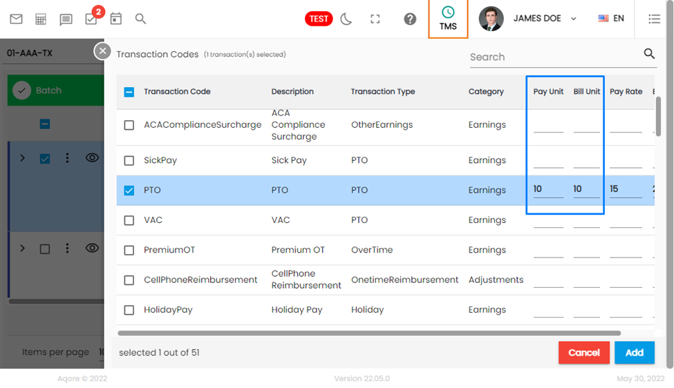 Pay Unit and Bill Unit Added While Adding Transaction Code