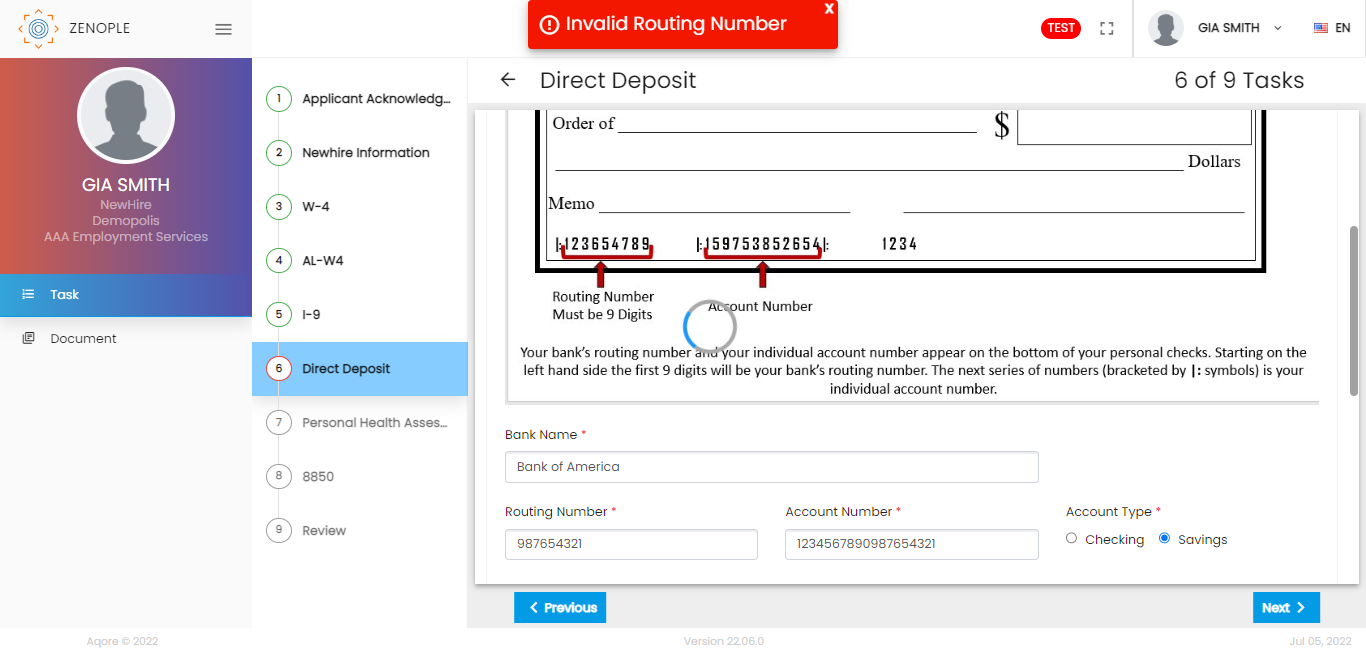 Routing Number Validation in Direct Deposit Form