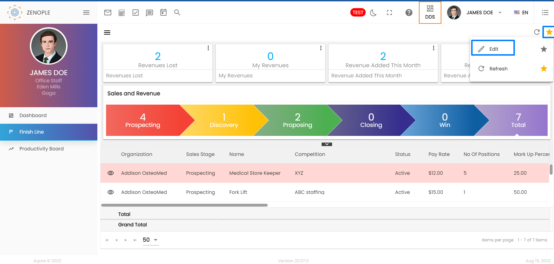 Select the revenue opportunity and click on the Edit