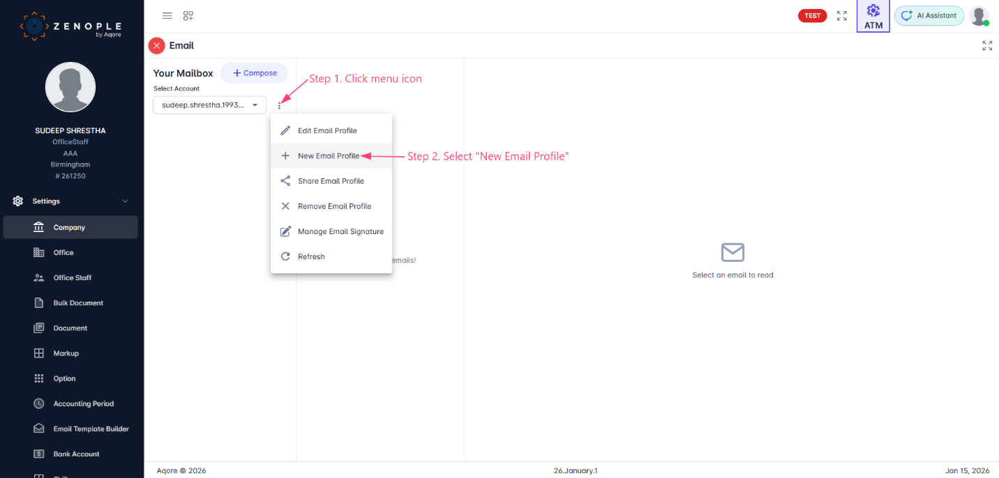 New Email Profile menu option