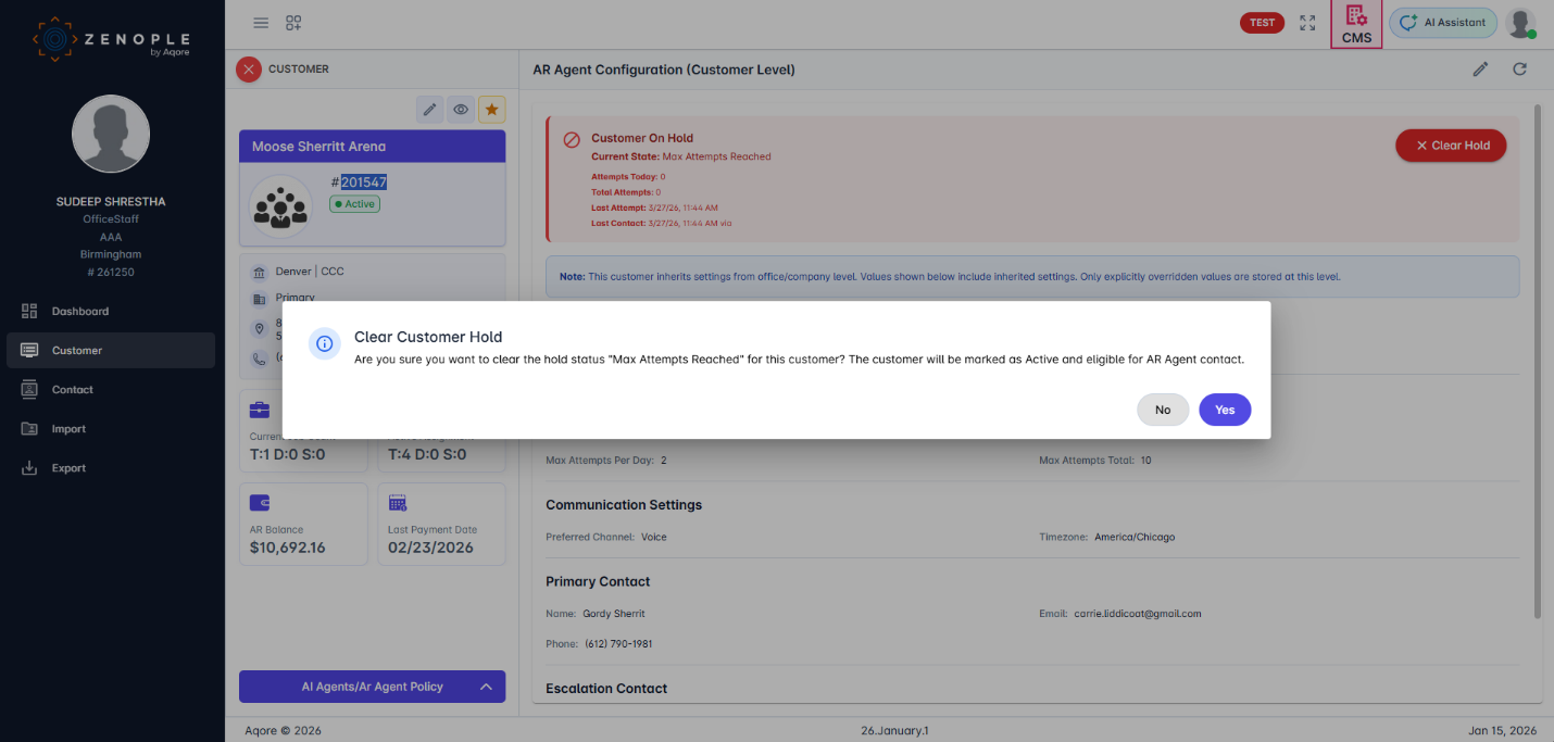 Clear Hold confirmation dialog