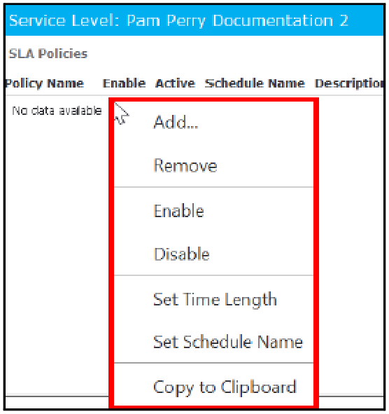 SLA Policies Menu