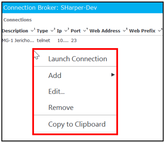 Connection Broker Menu Options